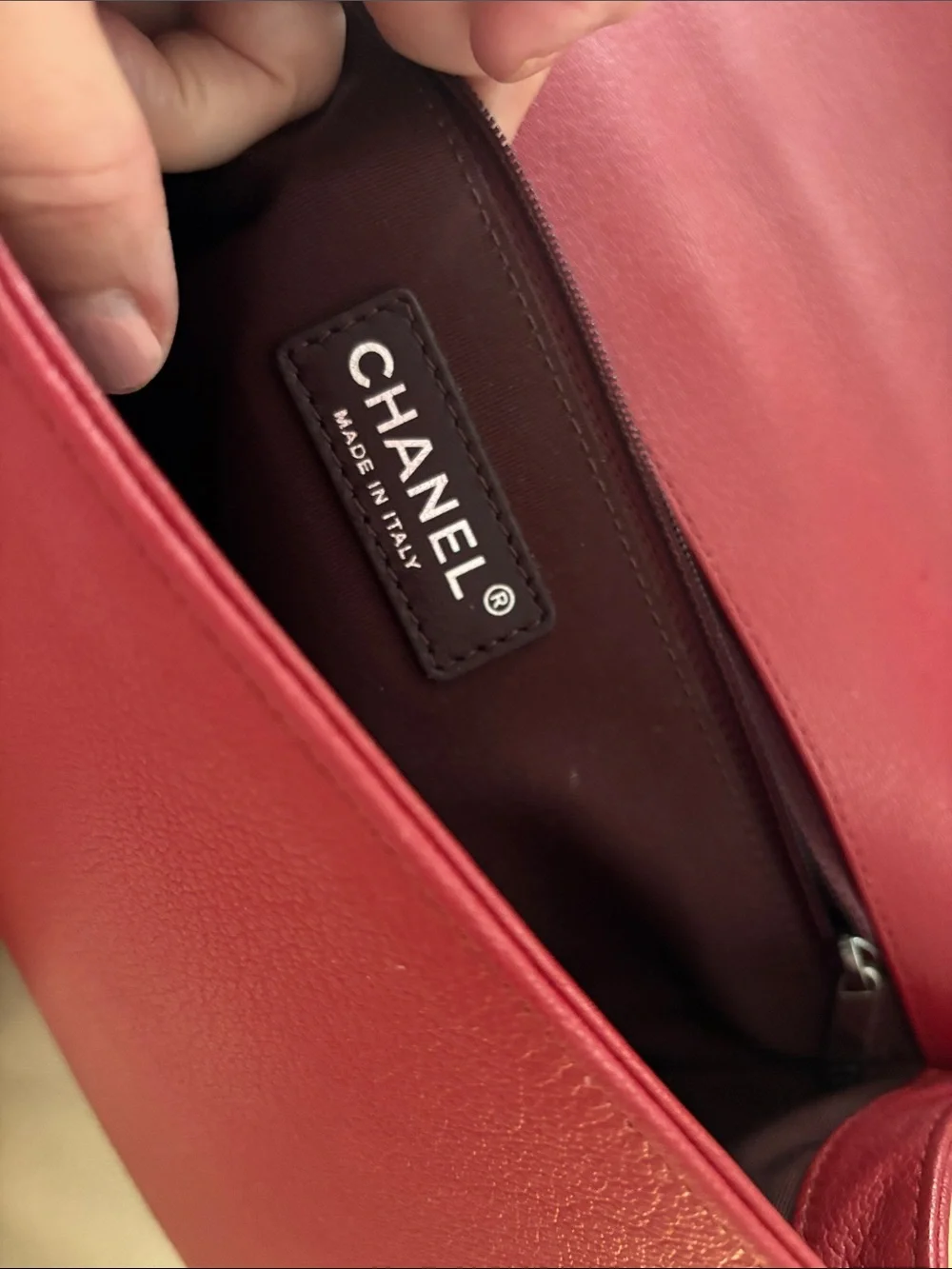 CHANEL Boy Red Quilted Leather Shoulder Bag with Chain Strap- Medium
